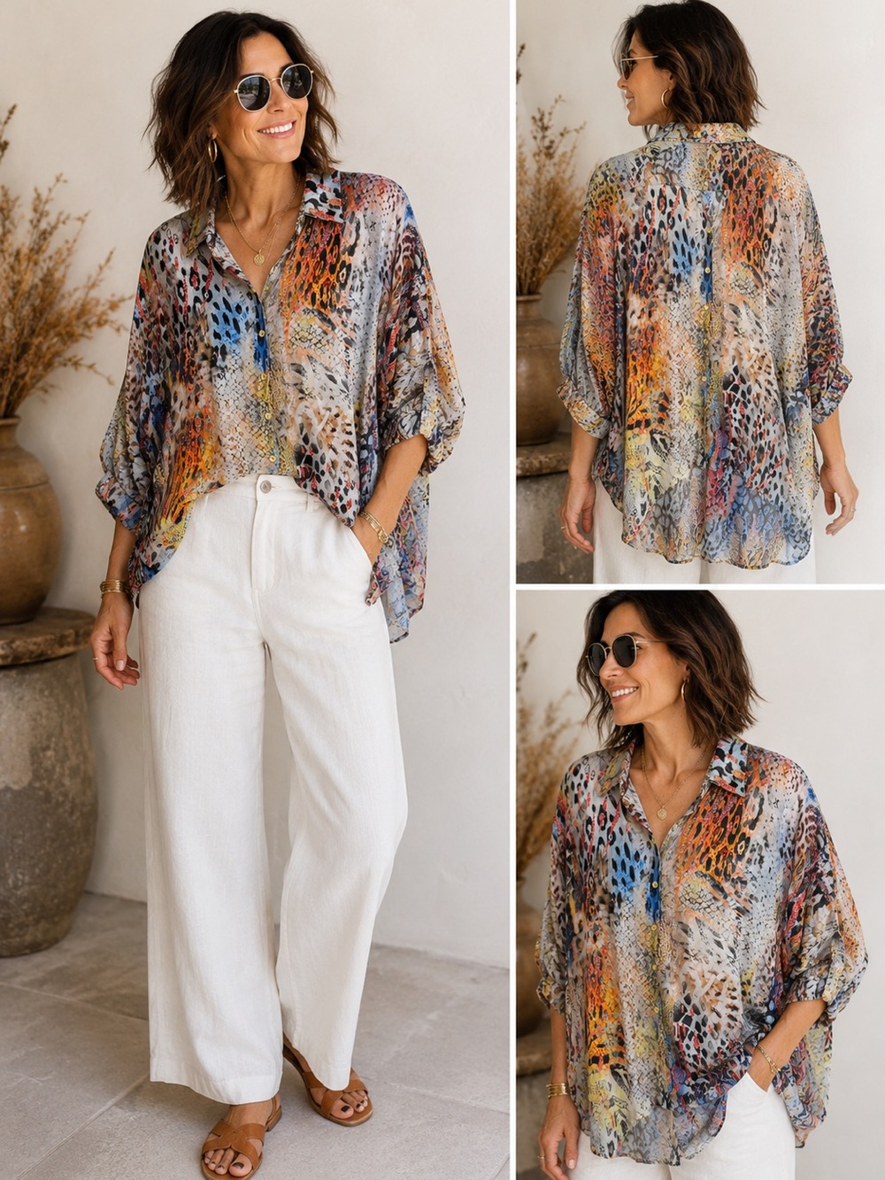 A.Z.I Animal Print Tunic Blouse Hi-Low Hem Multicolor Size XS
